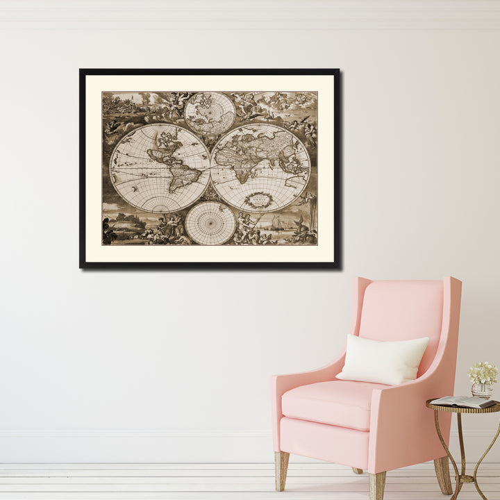 World Hemispheres Vintage Sepia Map Canvas Print with Picture Frame Gifts  Wall Art Decoration Image 2