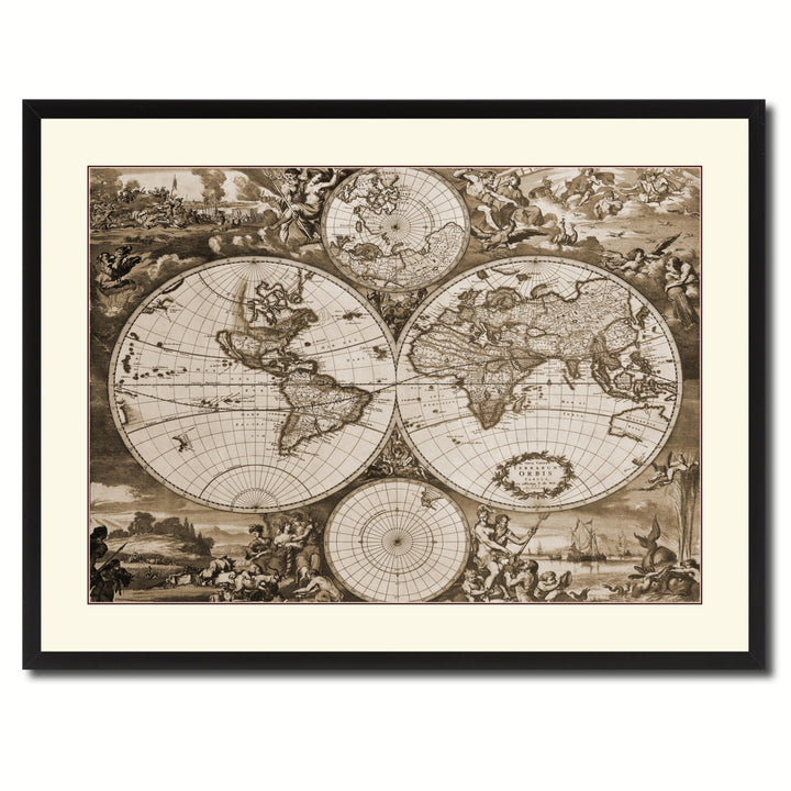World Hemispheres Vintage Sepia Map Canvas Print with Picture Frame Gifts  Wall Art Decoration Image 3