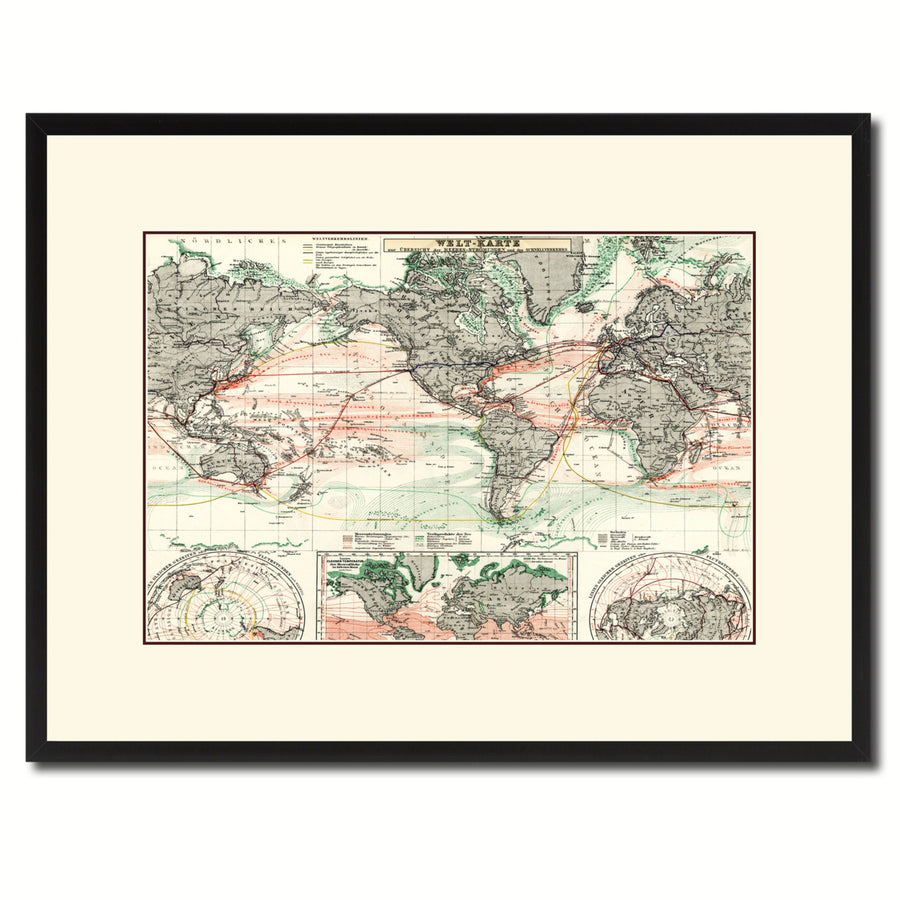 World Ocean Currents Vintage Antique Map Wall Art  Gift Ideas Canvas Print Custom Picture Frame Image 1