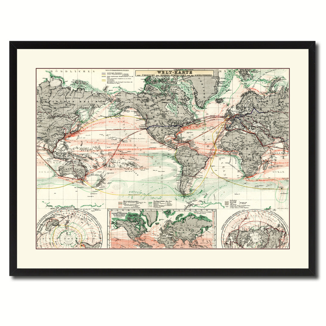 World Ocean Currents Vintage Antique Map Wall Art  Gift Ideas Canvas Print Custom Picture Frame Image 3