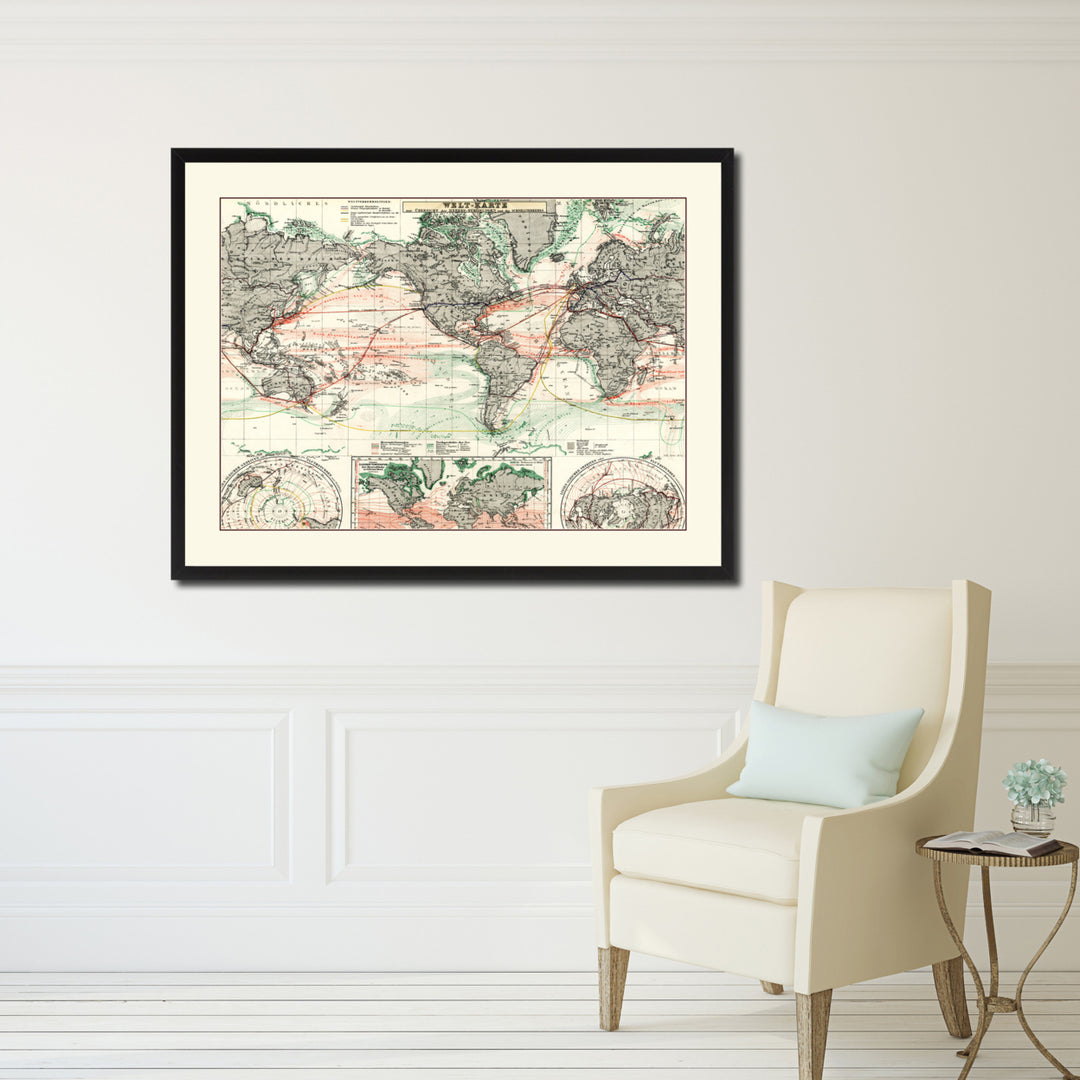 World Ocean Currents Vintage Antique Map Wall Art  Gift Ideas Canvas Print Custom Picture Frame Image 5