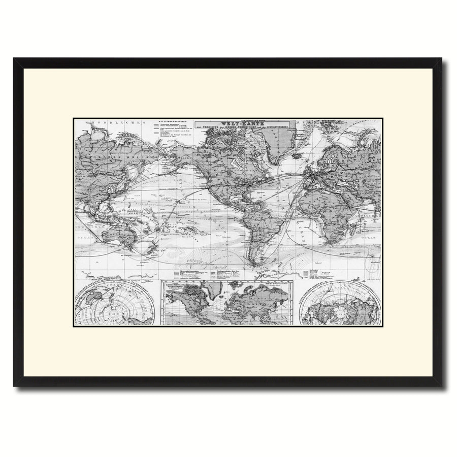 World Ocean Currents Vintage BandW Map Canvas Print with Picture Frame  Wall Art Gift Ideas Image 1