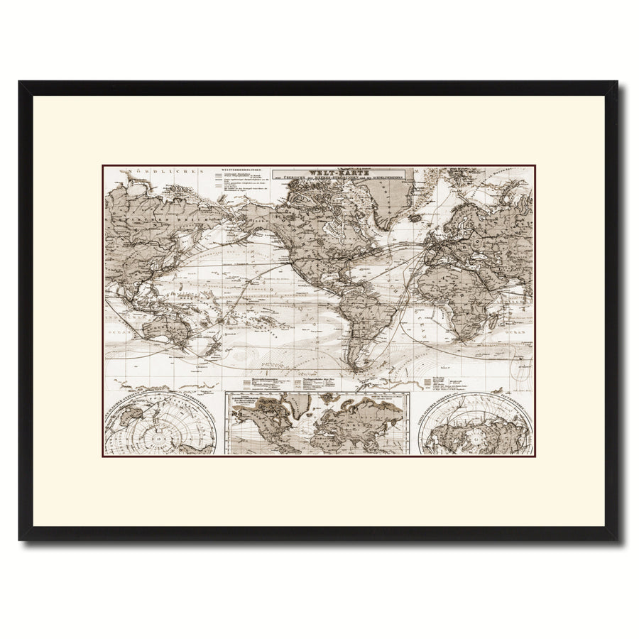 World Ocean Currents Vintage Sepia Map Canvas Print with Picture Frame Gifts  Wall Art Decoration Image 1