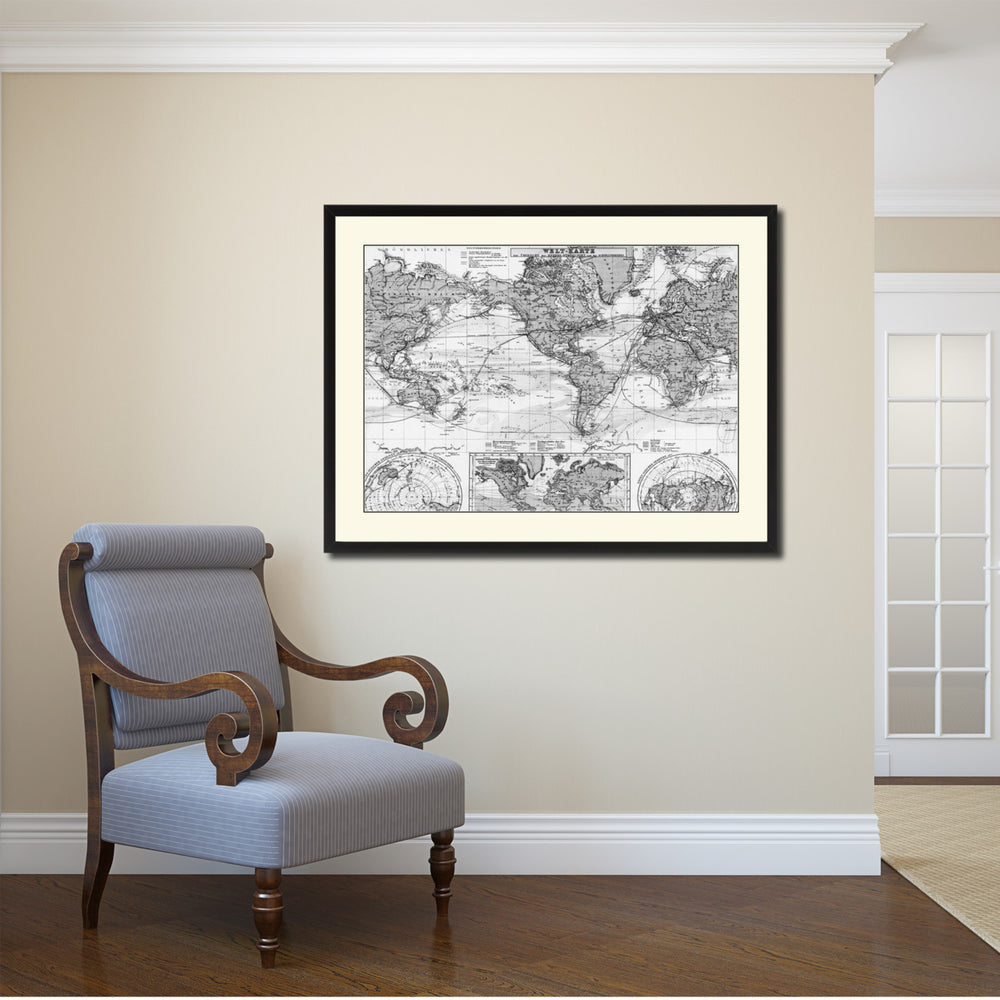 World Ocean Currents Vintage BandW Map Canvas Print with Picture Frame  Wall Art Gift Ideas Image 2