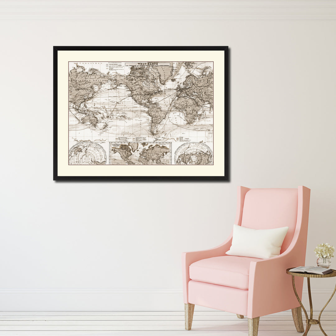 World Ocean Currents Vintage Sepia Map Canvas Print with Picture Frame Gifts  Wall Art Decoration Image 2