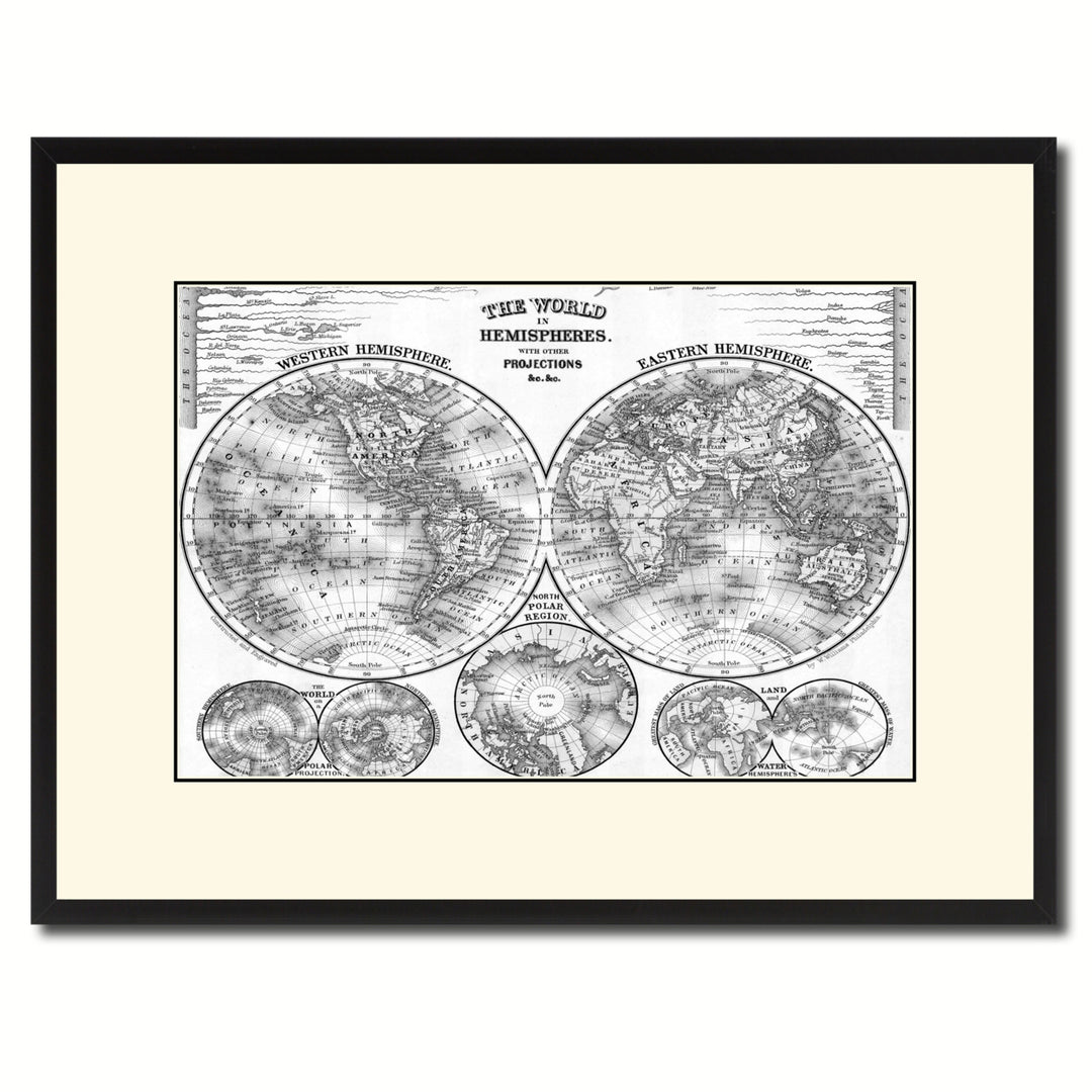 World Vintage BandW Map Canvas Print with Picture Frame  Wall Art Gift Ideas Image 1