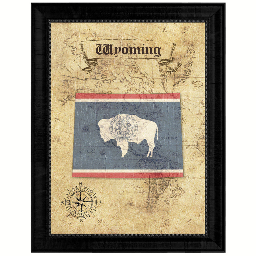 Wyoming State Flag  Vintage Map Canvas Print with Picture Frame  Wall Art Decoration Gift Ideas Image 1