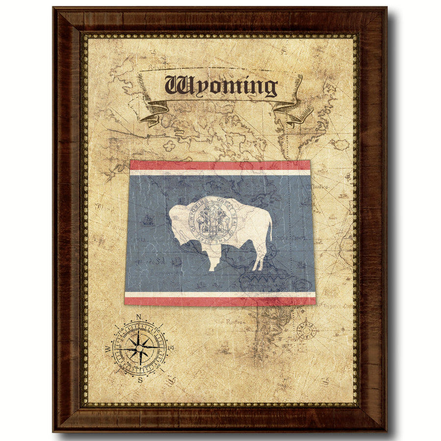 Wyoming State Flag  Vintage Map Canvas Print with Picture Frame  Wall Art Decoration Gift Ideas Image 1