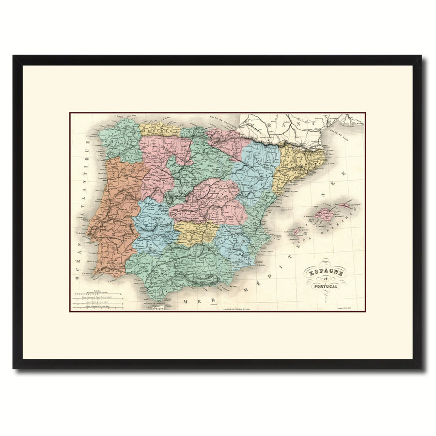 Spain Portugal Vintage Antique Map Wall Art  Gift Ideas Canvas Print Custom Picture Frame Image 1