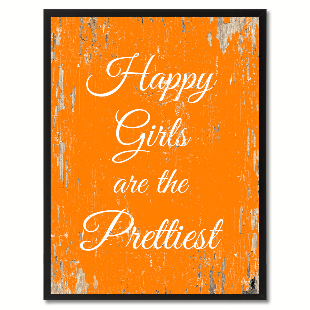 Happy Girls Are The Prettiest Saying Canvas Print with Picture Frame  Wall Art Gifts Image 1