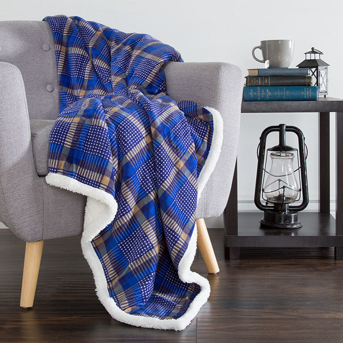 Lavish Home Fleece Sherpa Blanket Throw - Plaid Blue/Yellow Image 1