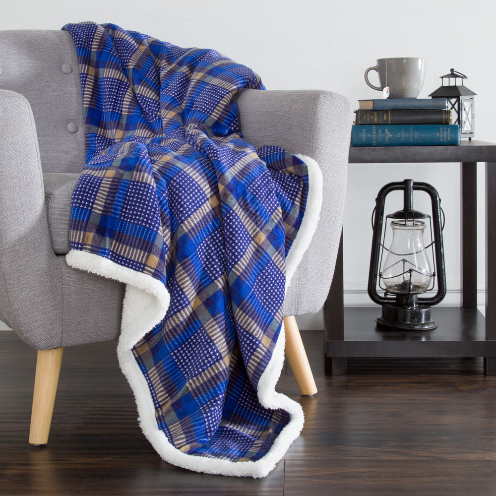 Lavish Home Fleece Sherpa Blanket Throw - Plaid Blue/Yellow Image 2