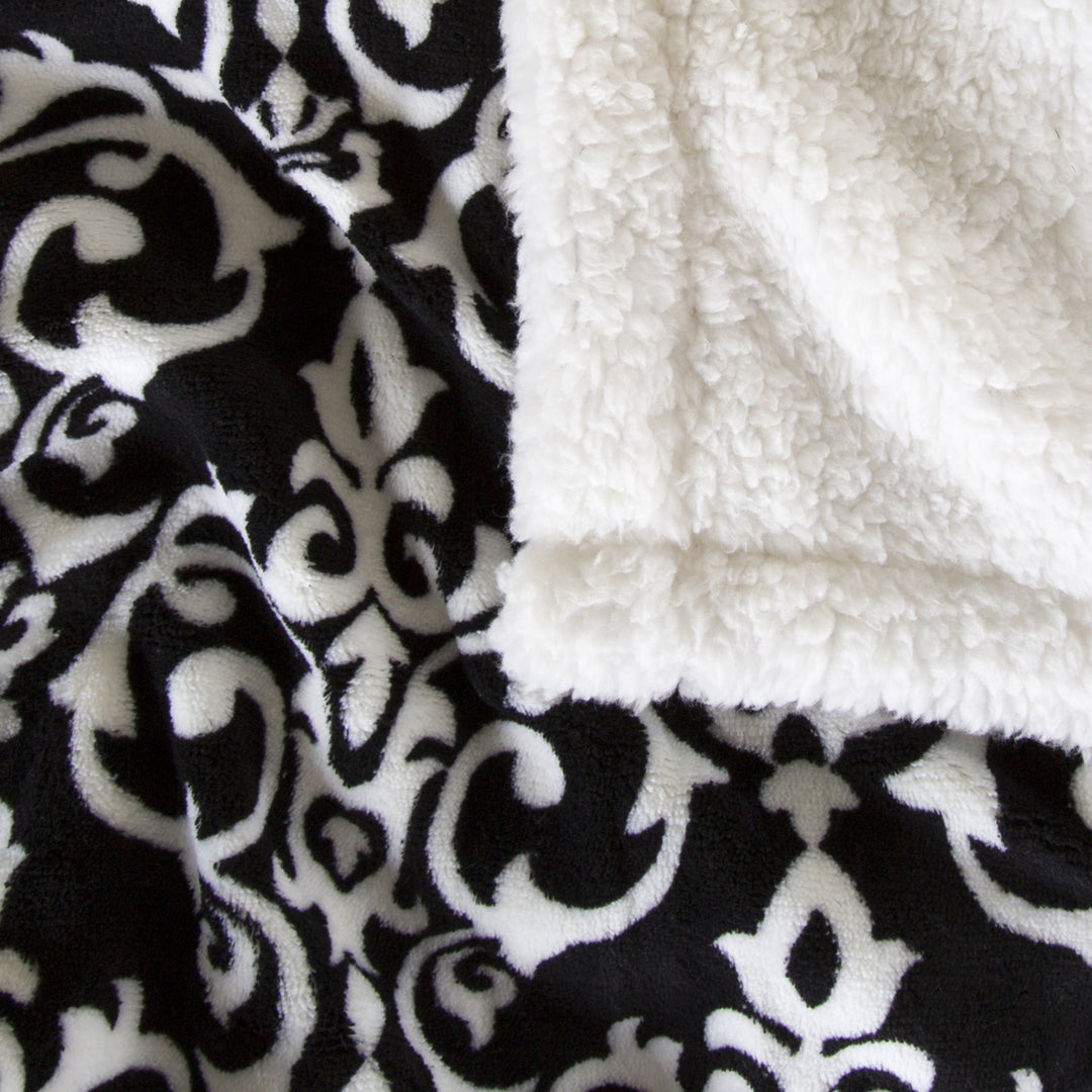 Lavish Home Sherpa Blanket Throw Black White 50x60 Polyester Fleece Damask Image 3