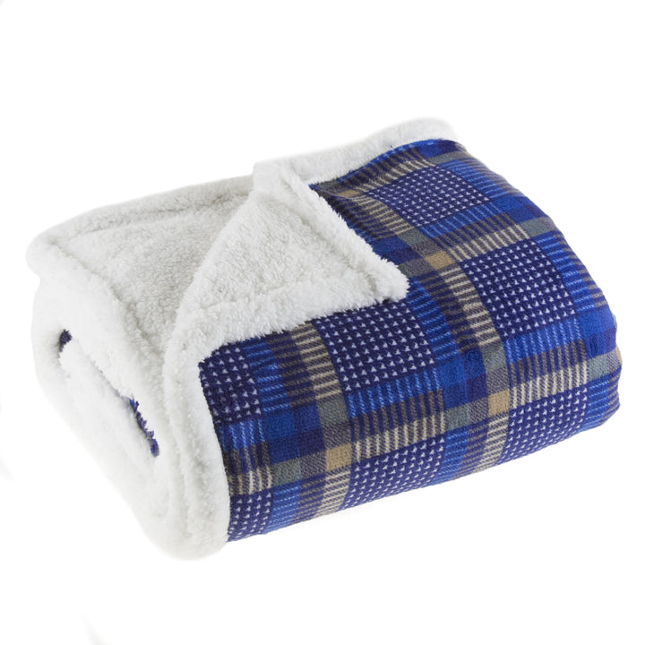 Lavish Home Fleece Sherpa Blanket Throw Plaid Blue Yellow 50x60 Inch Polyester Image 4