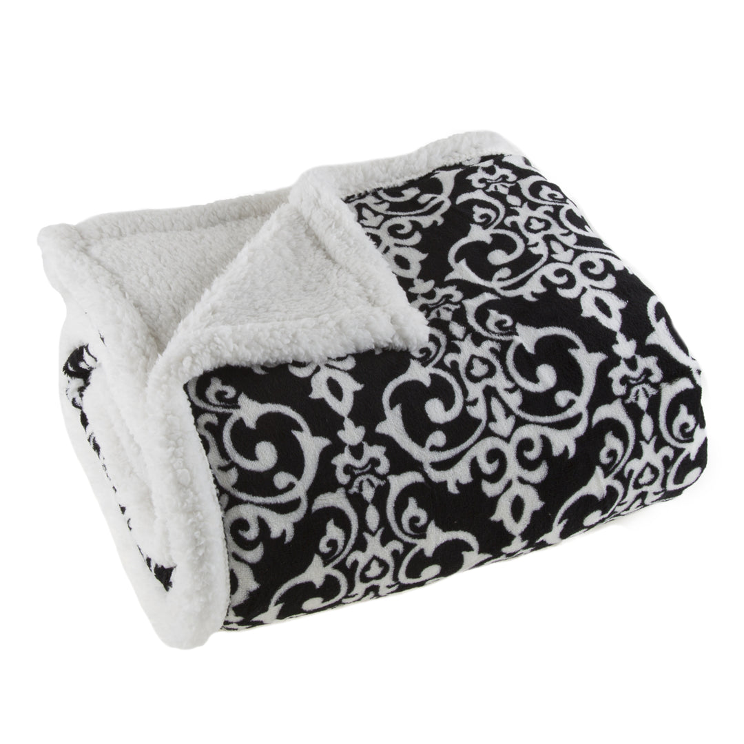 Lavish Home Sherpa Blanket Throw Black White 50x60 Polyester Fleece Damask Image 4