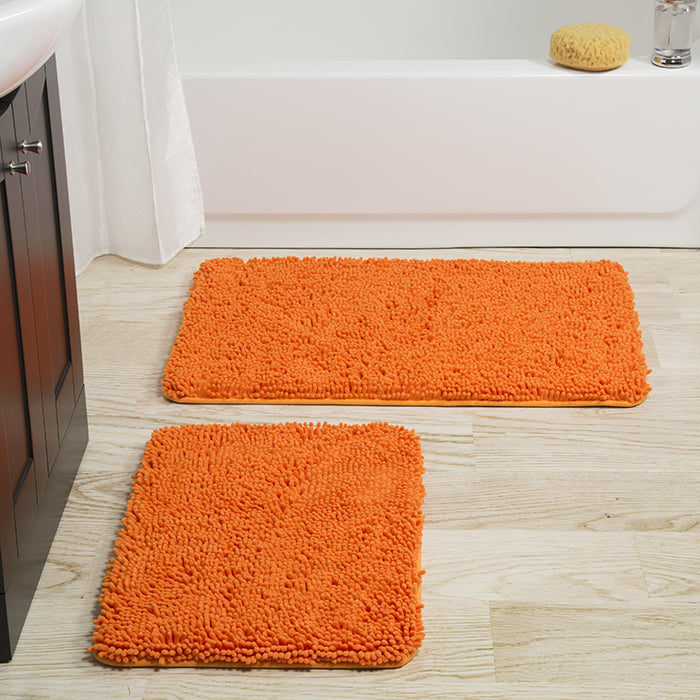 Lavish Home 2 Piece Memory Foam Shag Bath Mat Set Orange Non-Slip Rugs Image 1