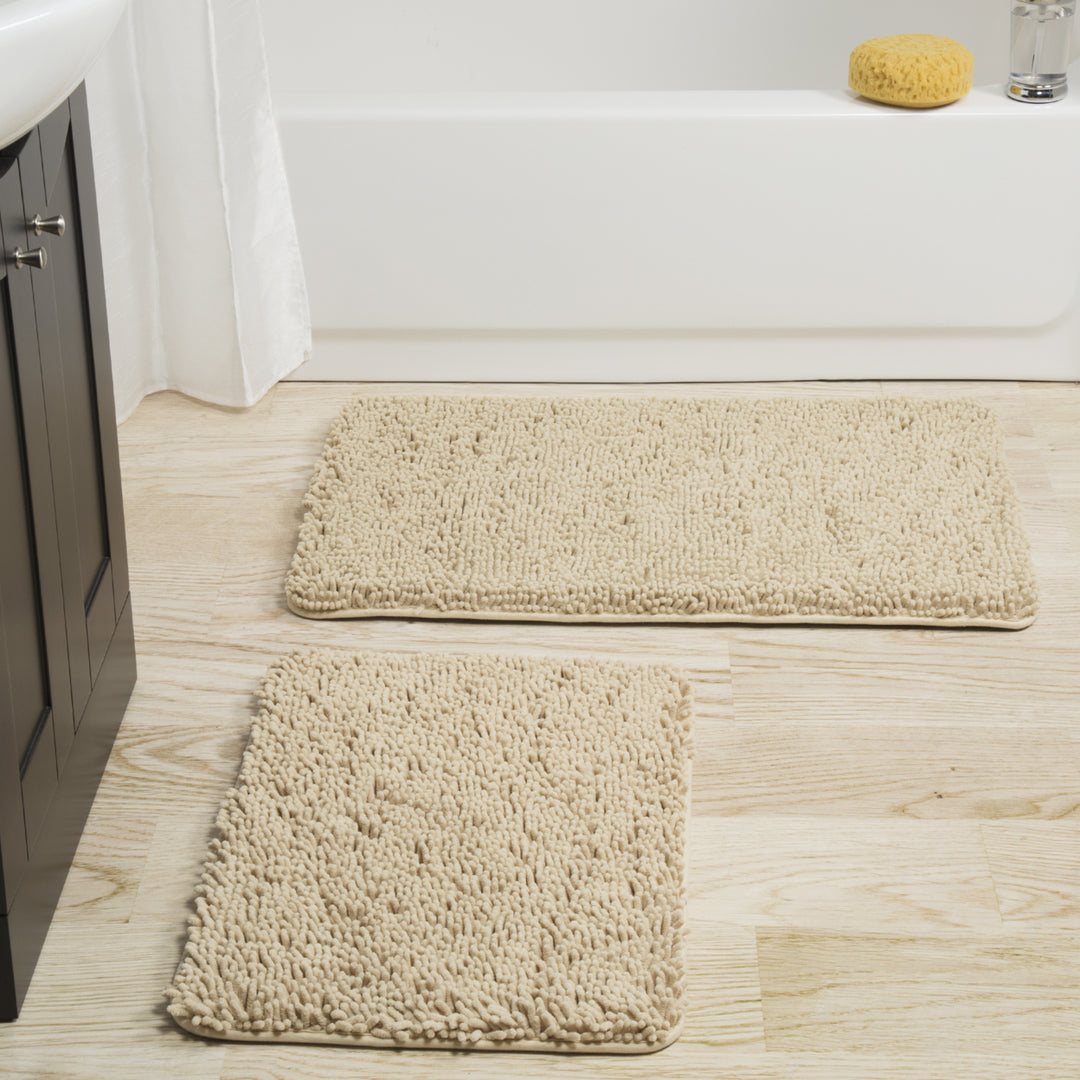 Lavish Home 2 Piece Memory Foam Shag Bath Mat Set Ivory Non-Slip Plush Chenille Image 2