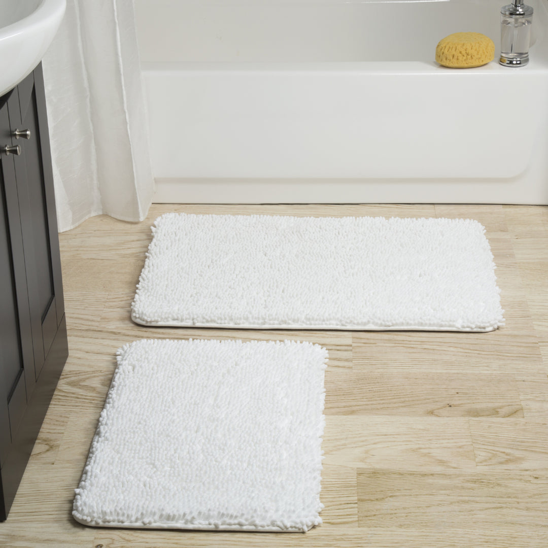 Lavish Home 2 Piece Memory Foam Shag Bath Mat Set White Soft Non-Slip 24x17 32x21 Image 2