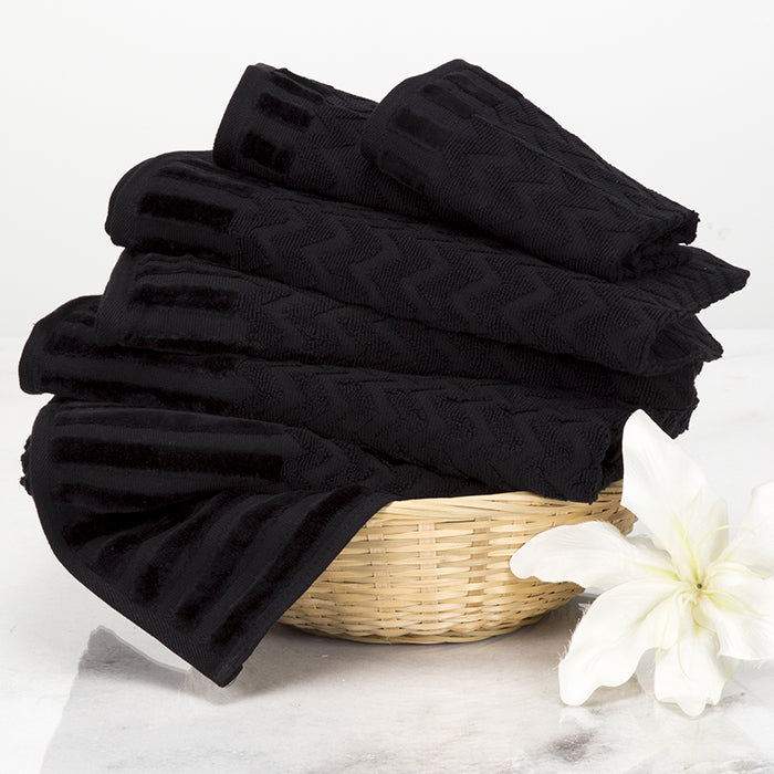 6 Pc Black Cotton Deluxe Plush Bath Towel Set  Chevron Patterned Plush Sculpted Spa Luxury Decorative Body, Hand and Image 1