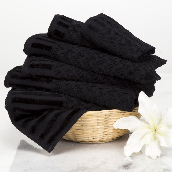 6 Pc Black Cotton Deluxe Plush Bath Towel Set  Chevron Patterned Plush Sculpted Spa Luxury Decorative Body, Hand and Image 2