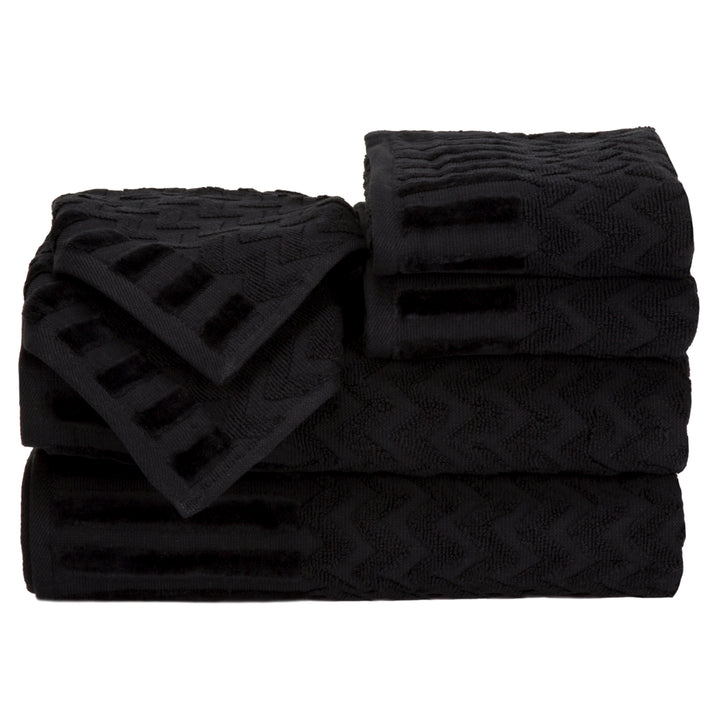 6 Pc Black Cotton Deluxe Plush Bath Towel Set  Chevron Patterned Plush Sculpted Spa Luxury Decorative Body, Hand and Image 3