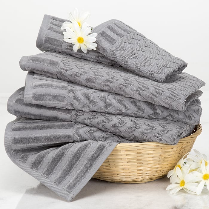 Lavish Home 6 Piece Cotton Towel Set Silver Chevron Bath Hand Washcloths 100% Cotton Image 1