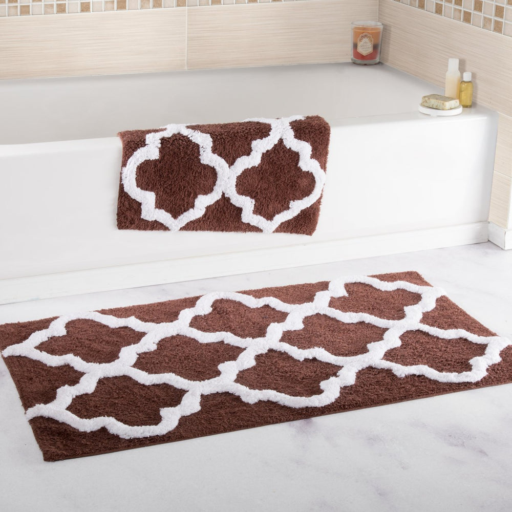 Lavish Home 100% Cotton 2 Piece Trellis Bathroom Mat Set - Chocolate Image 2