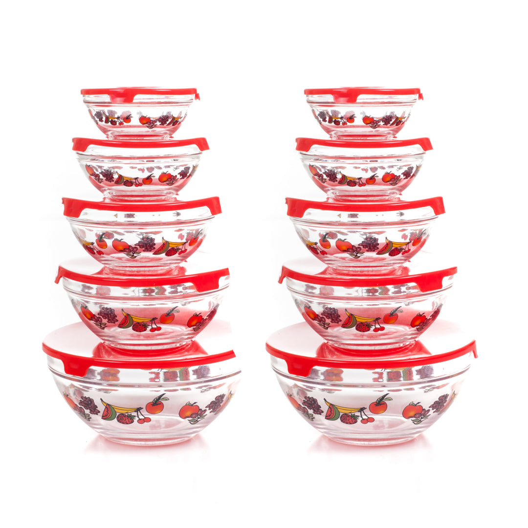 20 Piece Glass Bowl Set with Lids 10 Bowls w Lids Food Storage Bowls Fruit Design 5 Sizes Image 1
