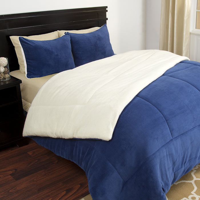 Lavish Home 3 Piece Sherpa/Fleece Comforter Set - King - Navy Image 1