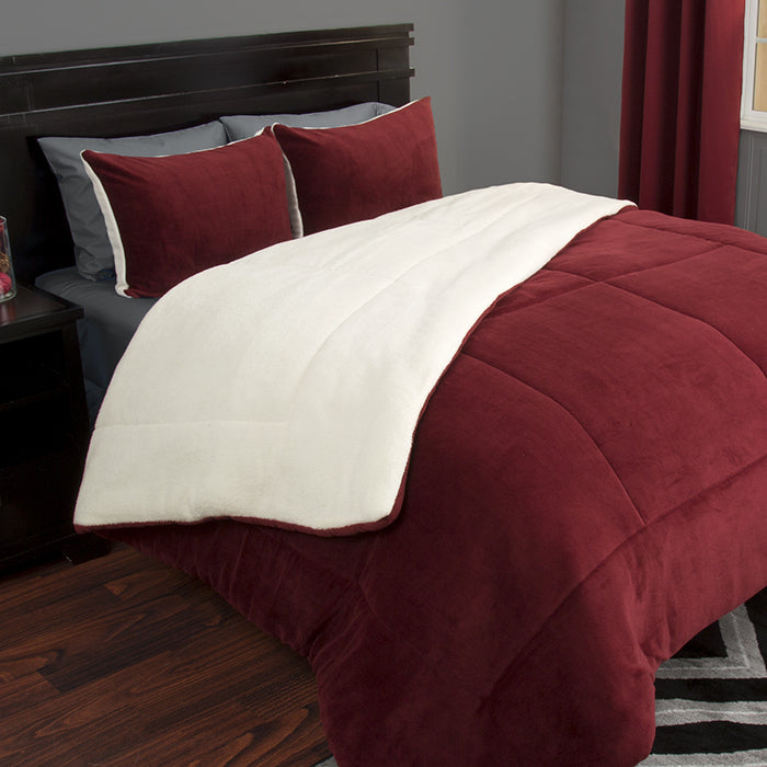 Lavish Home 3 Piece Sherpa/Fleece Comforter Set - King - Burgundy Image 1