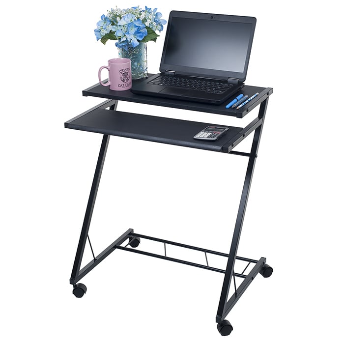 Compact Mobile Rolling Cart Computer Desk Black Steel Wood 29.25in x 17.625in Image 1