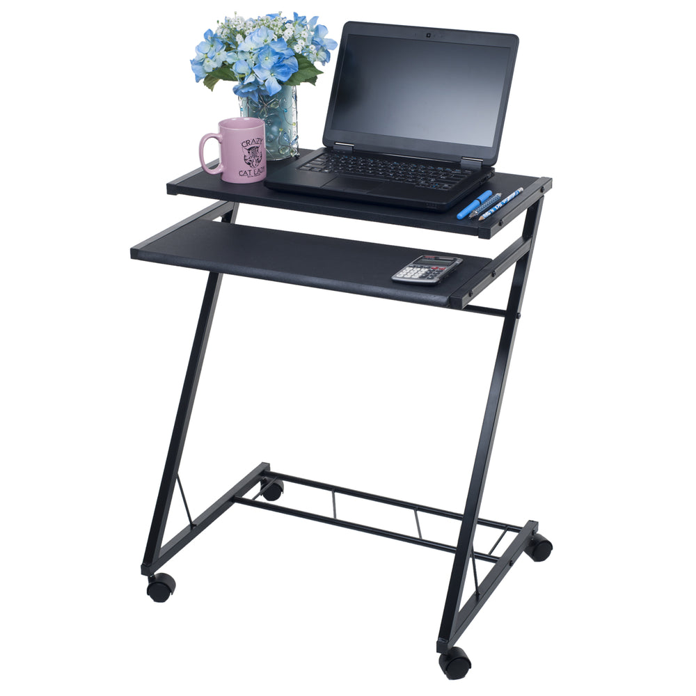 Compact Mobile Rolling Cart Computer Desk Black Steel Wood 29.25in x 17.625in Image 2