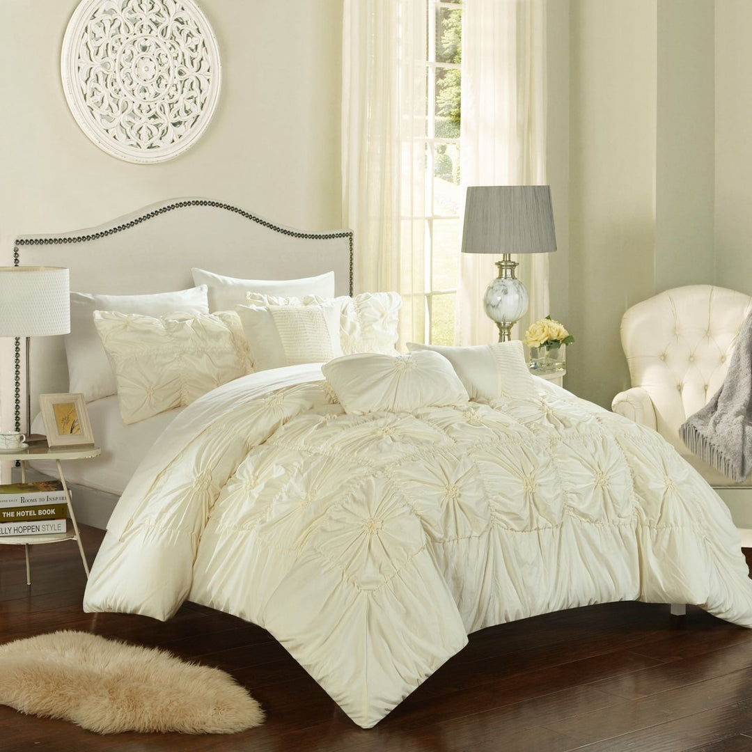 Chic Home 8/10 Piece Sheffield Floral Pinch Pleat Ruffled Designer Embellished  Bed In a Bag Comforter Set With sheet Image 1