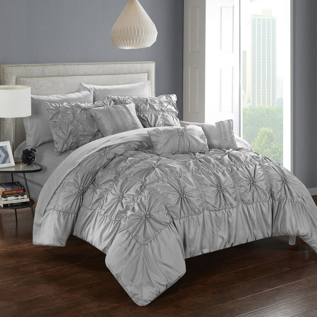Chic Home 8/10 Piece Sheffield Floral Pinch Pleat Ruffled Designer Embellished  Bed In a Bag Comforter Set With sheet Image 4
