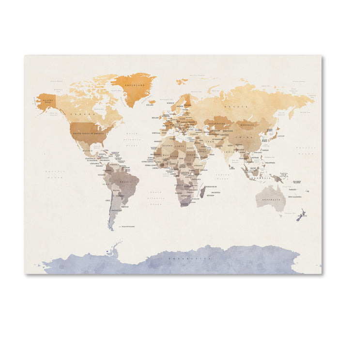 Michael Tompsett Watercolour Political Map of the World 14 x 19 Canvas Art Image 1