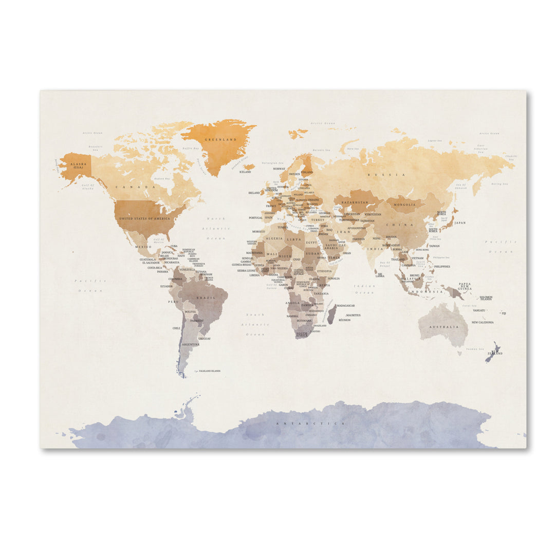 Michael Tompsett Watercolour Political Map of the World 14 x 19 Canvas Art Image 2