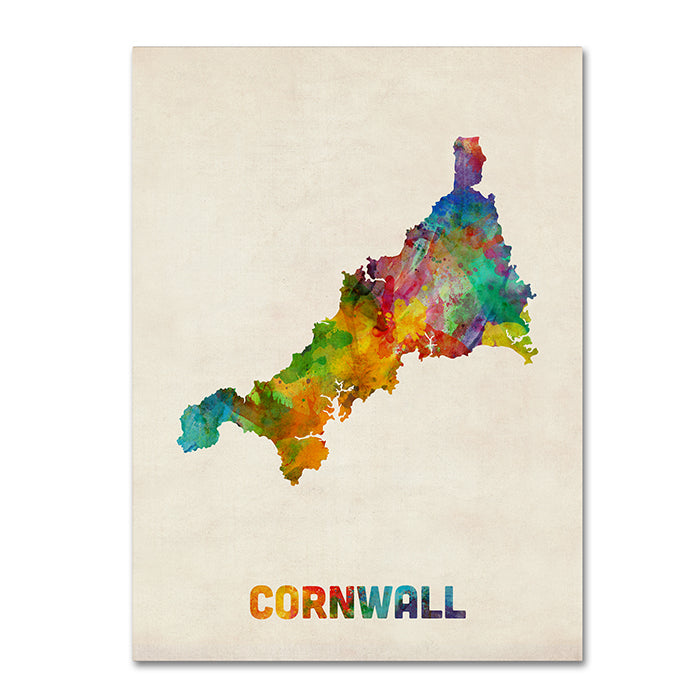 Michael Tompsett Cornwall England Watercolor Map 14 x 19 Canvas Art Image 1
