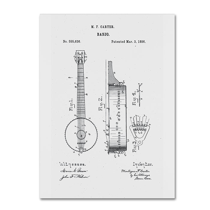 Claire Doherty Vintage Banjo Patent 1896 White 14 x 19 Canvas Art Image 1