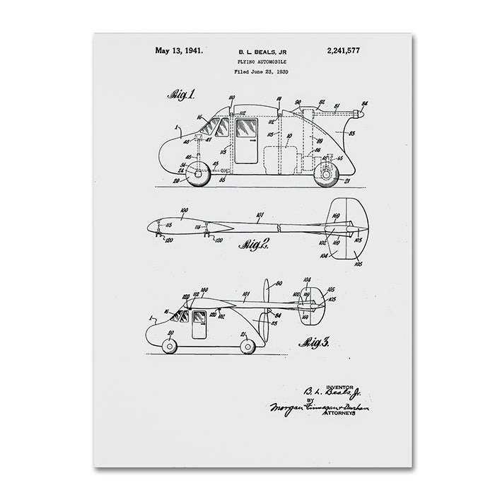 Claire Doherty Flying Car Patent 1941 White 14 x 19 Canvas Art Image 1