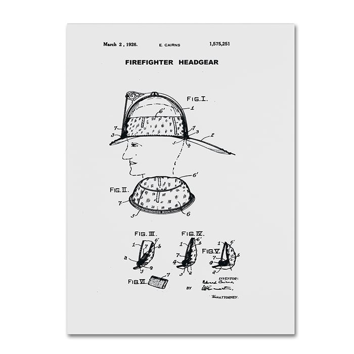 Claire Doherty Firefighter Headgear Patent 1926 White 14 x 19 Canvas Art Image 1