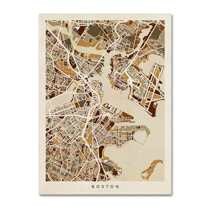 Michael Tompsett Boston MA Street Map Brown 14 x 19 Canvas Art Image 1