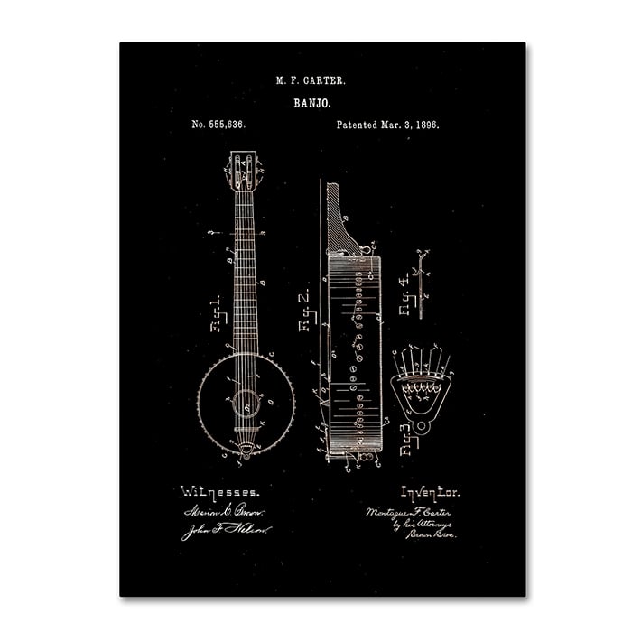 Claire Doherty Vintage Banjo Patent 1896 Black 14 x 19 Canvas Art Image 1