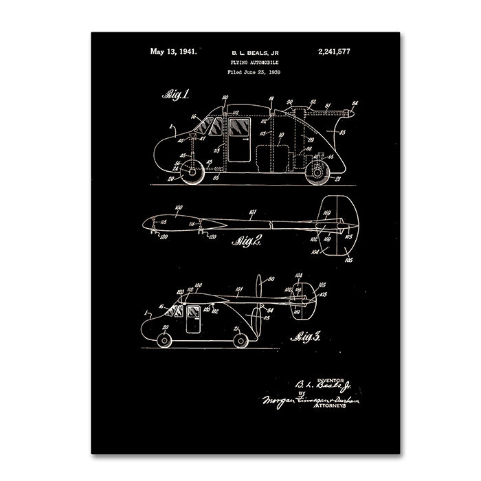 Claire Doherty Flying Car Patent 1941 Black 14 x 19 Canvas Art Image 1