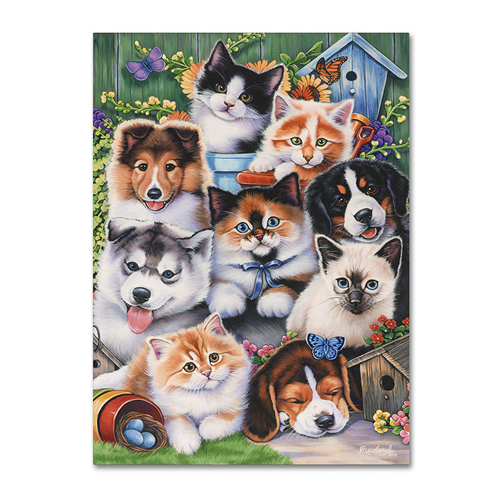 Jenny Newland Kittens and Puppies In The Garden 14 x 19 Canvas Art Image 1