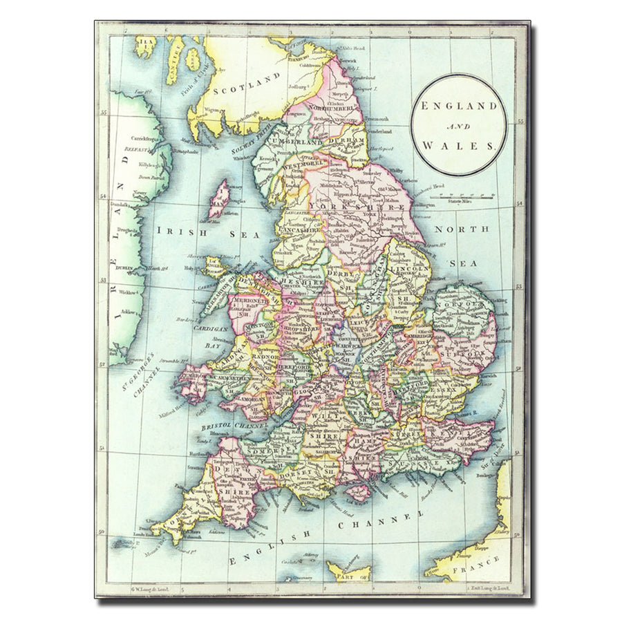R.H. Laurie Map of England and Wales 1852 14 x 19 Canvas Art Image 1