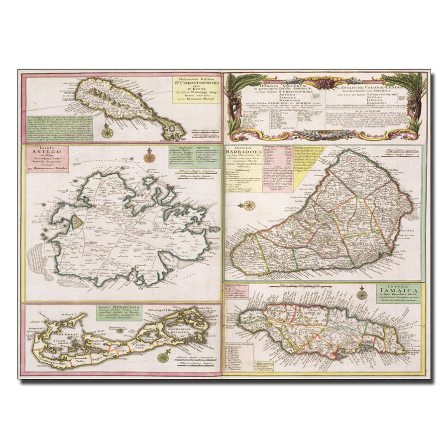 Map of English Colonies in the Caribbean 1750 14 x 19 Canvas Art Image 1