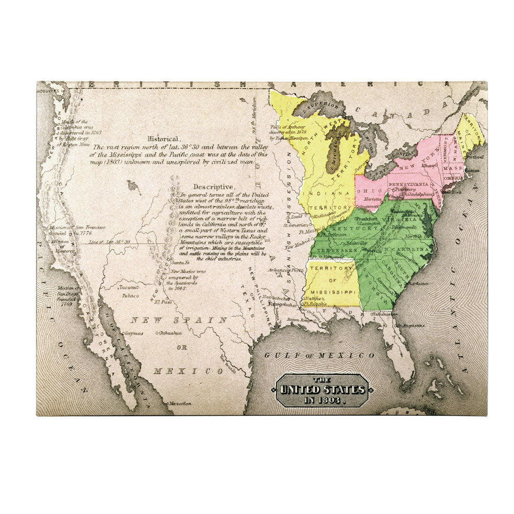 Map of the United States in 1803 14 x 19 Canvas Art Image 1