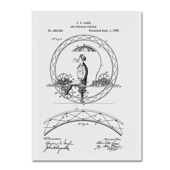 Claire Doherty One Wheeled Vehicle Patent 1885 White 14 x 19 Canvas Art Image 1