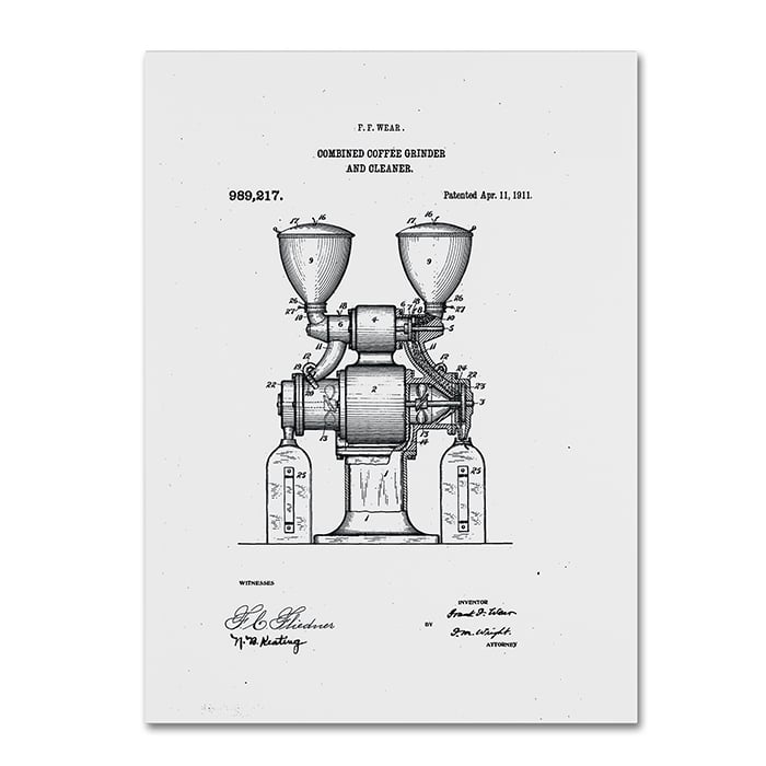 Claire Doherty Coffee Grinder Patent 1911 White 14 x 19 Canvas Art Image 1