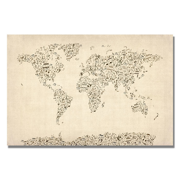 Michael Tompsett Music Note World Map 14 x 19 Canvas Art Image 1